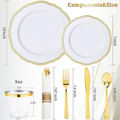 Hioasis 175pcs White and Gold Plastic Plates - Gold Plastic Dinnerware Set Includes 25 Dinner Plates, 25 Dessert Dinnerware, 25 Cups, 25 Rolled Napkin Cutlery Perfect for Wedding & Party