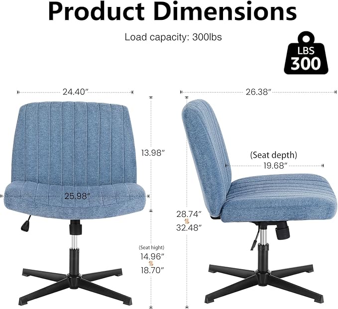 OLIXIS Criss Cross Legged Chairs Armless No Wheels Wide Seat Height Adjustable Swivel Padded Fabric Home Office Desk Seating for Bedroom, Student, Study Room