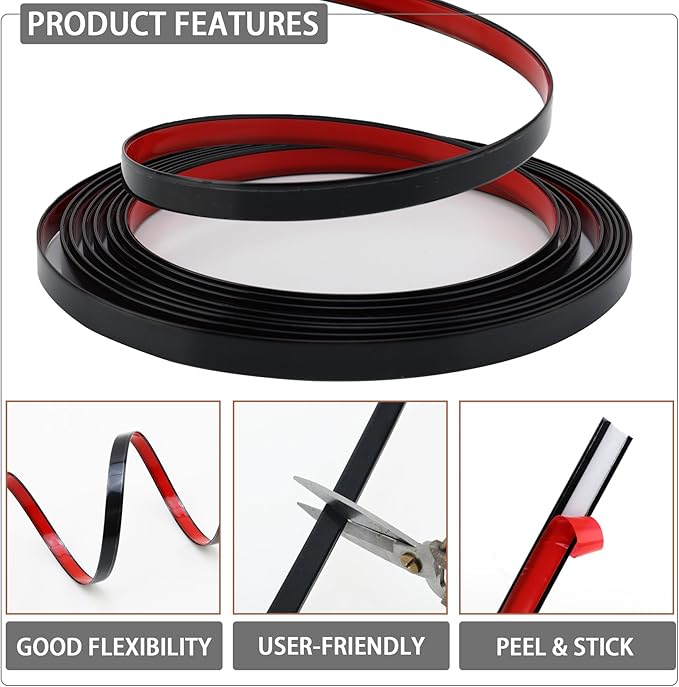 Glossy Black Peel and Stick PVC Molding Trim, Flexible DIY Wall Accent Strip for Mirror Frame, Cabinet, Edges & Borders and Tiles (197''L x 0.4''W)