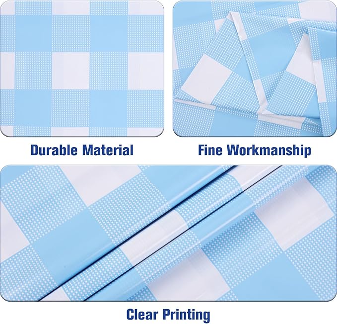 Kesfey 3 Packs Light Blue Gingham Tablecloth Pale Blue and White Checkered Tablecloths 54 x 108 Inches Disposable Plastic Gingham Tablecovers Waterproof Rectangle Picnic Table Cover for Birthday Party