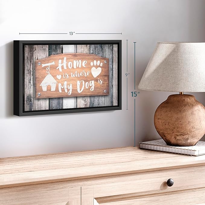 Elephant Stock Home Is Where My Dog Is Wall Art - Horizontal Floating Framed Canvas - 1-Piece Living Room Wall Decor - Pet Digital Art Canvas Print - Gray and Beige Decor for Wall - 13" X 9"