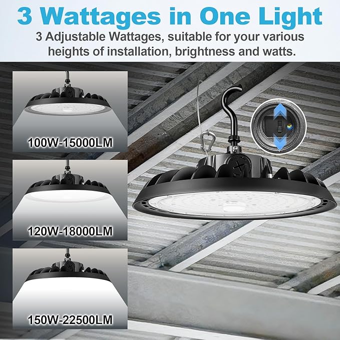 UFO Led High Bay Light 150W 120W 100W Adjustable 5000K 22500LM 1-10V Dimmable High Bay Led Lights ETL Listed US Hook 5' Cable Led High Bay Lighting for Factory Warehouse