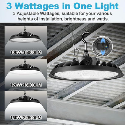 UFO Led High Bay Light 150W 120W 100W Adjustable 5000K 22500LM 1-10V Dimmable High Bay Led Lights ETL Listed US Hook 5' Cable Led High Bay Lighting for Factory Warehouse