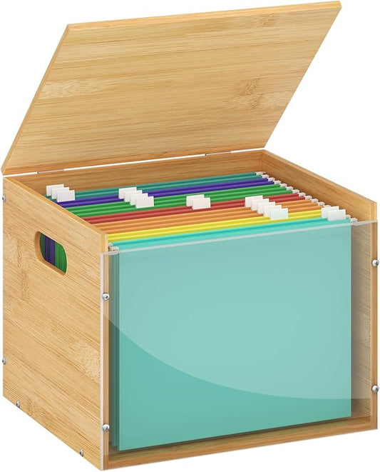 Acrylic File Organizer with Lid, Bamboo File Box with Handle, Hanging File Folder Organizer, Portable Filing Organizer File Crate Storage Box for Home Office Classroom, Letter Size