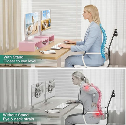 OPNICE Desk Organizers and Accessories, Dual Computer Monitor Stand Riser with Drawer, Office Decor for Women, Office Desk Accessories & Workspace Organizers, Pink