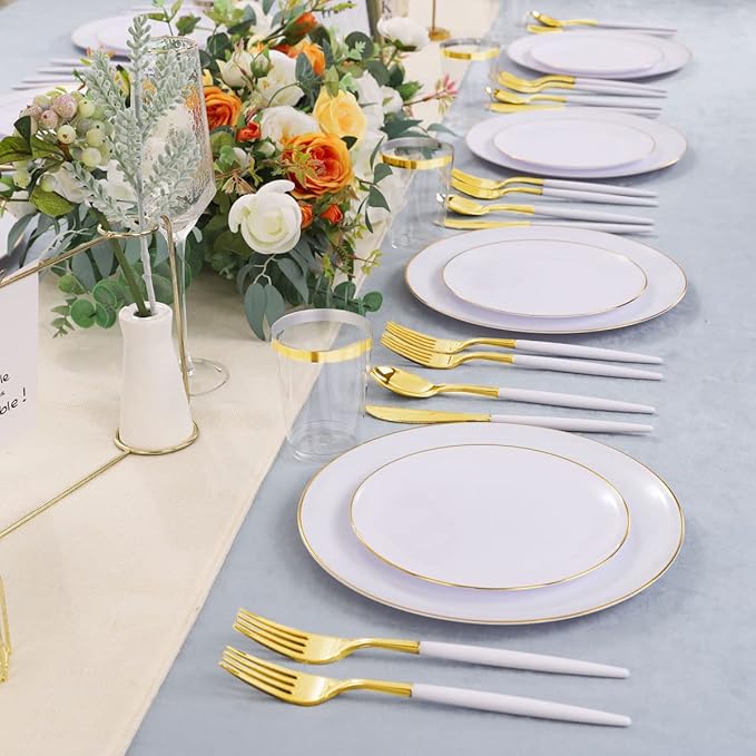 LIYH 180 Pcs White and Gold Plastic Plates Disposable - Dinnerware Set, Gold Plastic Silverware, Disposable Heavyduty Plates for Parties, Birthdays, Wedding 30Guests