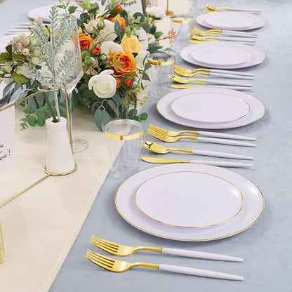 LIYH 180 Pcs White and Gold Plastic Plates Disposable - Dinnerware Set, Gold Plastic Silverware, Disposable Heavyduty Plates for Parties, Birthdays, Wedding 30Guests