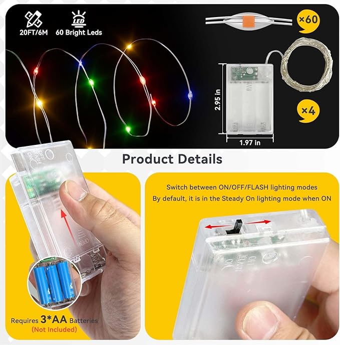 4 Pack 240LED Christmas Fairy Lights Battery Operated - 20FT Twinkle Lights with 2 Lighting Modes Indoor Outdoor, Waterproof Led Fairy String Light for Bedroom, Dorm, DIY, Christmas Decor, Multicolor