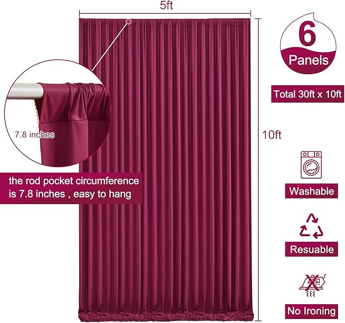 6 Panels Burgundy Backdrop Curtain for Parties Wedding Wrinkle Free Maroon Photo Curtains Backdrop Drapes Fabric Decoration for Birthday Engagement Ceremony 30ft(W) x 10ft(H)
