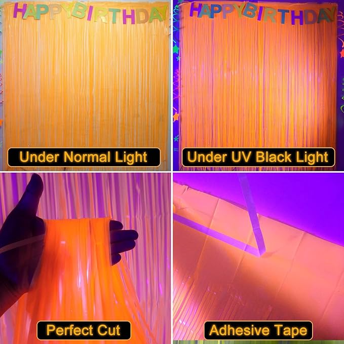 Glow in The Dark Party Supplies, 2 Pack Macaron Orange Foil Fringe Curtains, 3.3 x 6.6 ft Blacklight Reactive Fluorescent Tinsel Backdrop Neon Luminous Streamers for Birthday Photo Booth Prop