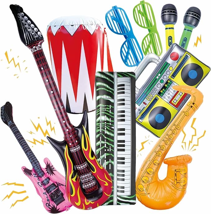10 Pieces Inflatable Instruments Party Props Set Photo Booth Props Inflatable Guitar Saxophone Bass Lute Microphone Recorder Piano Theme Party Rock Toys Decorated Vintage Period Party