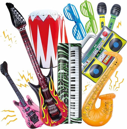 10 Pieces Inflatable Instruments Party Props Set Photo Booth Props Inflatable Guitar Saxophone Bass Lute Microphone Recorder Piano Theme Party Rock Toys Decorated Vintage Period Party