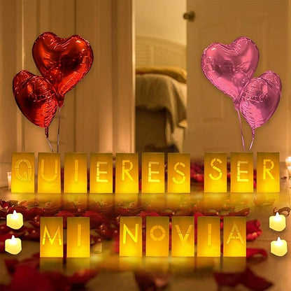 Quieres Ser Mi Novia Lighted Letters Sign 17pcs Luminary Paper Bags 2200pcs Red Pink Artificial Rose Petals 48pcs Flameless LED Candle Tealight 15pcs Heart Balloons Romantic Night Valentine's Day