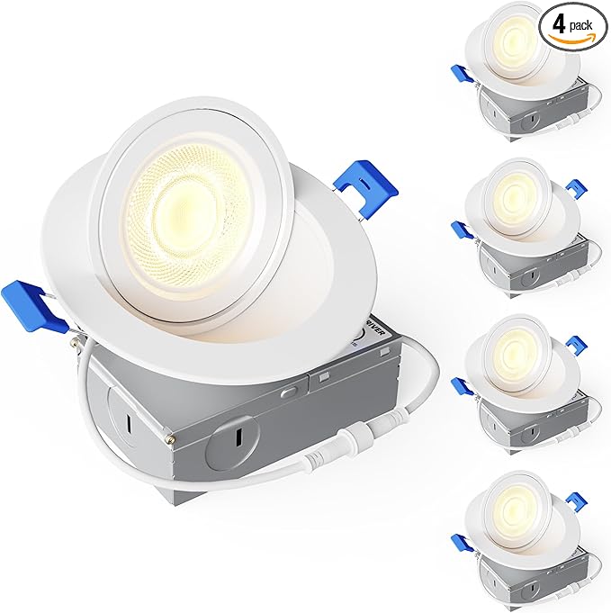 Ensenior 4 Pack 4 inch 5CCT LED Gimbal Led Recessed Light with Junction Box, 360°+90° Adjustable Directional Eyeball Lighting, Dimmable, 2700K/3000K/3500K/4000K/5000K, 900LM, 9W=85W, 120V-ETL&FCC