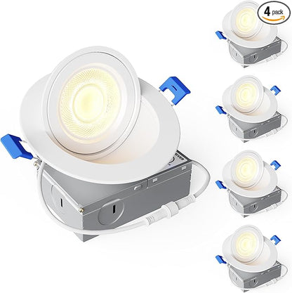 Ensenior 4 Pack 4 inch 5CCT LED Gimbal Led Recessed Light with Junction Box, 360°+90° Adjustable Directional Eyeball Lighting, Dimmable, 2700K/3000K/3500K/4000K/5000K, 900LM, 9W=85W, 120V-ETL&FCC