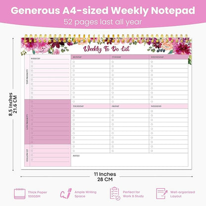 Weekly To Do List Notepad with 52 Undated Sheets（8.5"×11"）- Undated Weekly Planner Notepad for Office Desk Accessories and Supplies - Pink Whisper