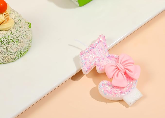 Number 13 Candle Pink Sequins and Bowtie 13th Cake Topper, 13 Birthday Candle for Girls Pastel Sweet Theme Birthday Party or Adults Milestone Age Decoration