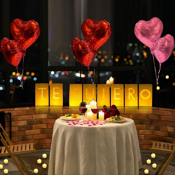 Te Quiero Lighted Letters Sign 17pcs Luminary Paper Bags 2200pcs Red Pink Artificial Rose Petals 48pcs Flameless LED Candle Tealight 15pcs Heart Balloons Romantic Night Valentine's Day