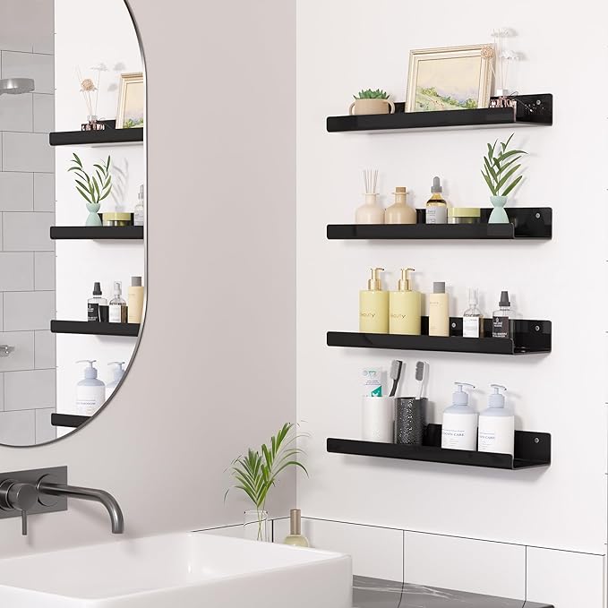 upsimples Acrylic Shelves for Wall Decor, 15" Display Shelf Perfume Organizer for Bathroom, Bedroom, Living Room, Floating Bookshelves for Kids, Black, 4 Pack
