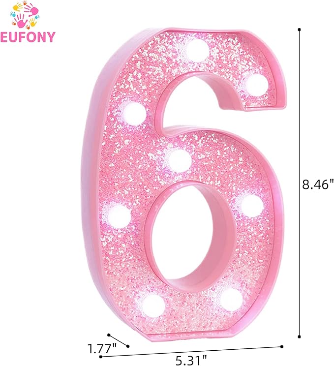 Pink LED Light Up Marquee Numbers, Glitter Lighted Numbers Signs Battery Operated for Girls 6th 16th 26th Birthday Party Decorations, Room Table Top Decor, Pink Number 6 with Cool White Lights
