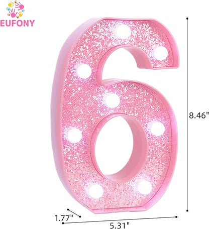 Pink LED Light Up Marquee Numbers, Glitter Lighted Numbers Signs Battery Operated for Girls 6th 16th 26th Birthday Party Decorations, Room Table Top Decor, Pink Number 6 with Cool White Lights