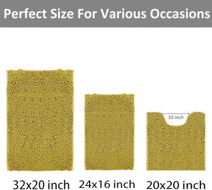 RUN HELIX Bathroom Rugs Sets 3pcs Extra Soft Chenille Mats Non Slip Bath Mat,Absorbent Shaggy Perfect Plush with U-Shaped Toilet Rug,Bathroom Carpets , Golden Yellow, 16〞x24〞&20〞x32〞&20〞x20〞U Shape
