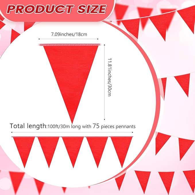 100 Feet Pennant Banners Flags 75 Solid String Triangle Flags for Grand Opening, Carnival Theme Birthday Party Decoration Outdoor Events Classroom Decoration (Red)
