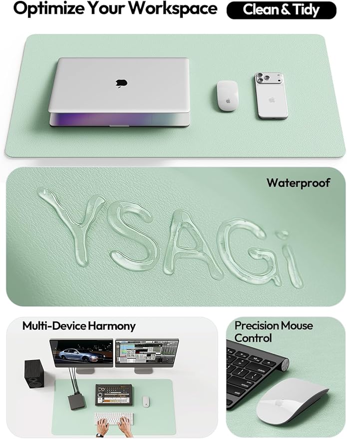 YSAGi Leather Desk Protector, Office Mat, Large Mouse Mat, Non-Slip PU Leather Blotter, Laptop Desk Pad, Waterproof Writing Pad for Office and Home (Pale Green, 47.2" x 23.6")
