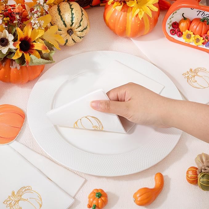 50PCS Thanksgiving Pumpkin Napkins - Heavy Duty Fall Pumpkin Paper Napkins - Thanksgiving Disposable Hand Towels for Friendsgiving Table Decor Party Supplies