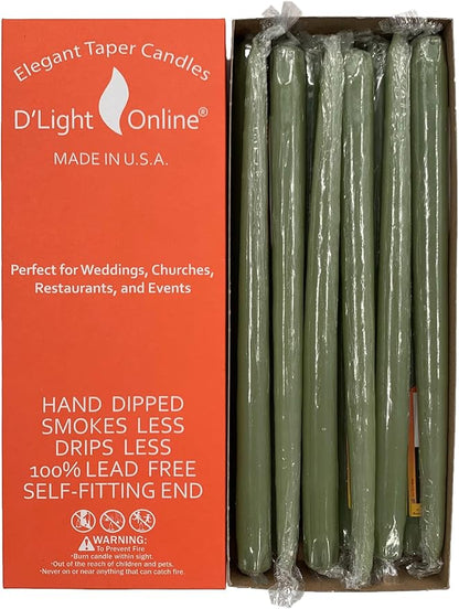 D'light Online Elegant 12" Olive Green Taper Candles Premium Quality Candles, Unscented, Hand-Dipped, Dripless and Smokeless Taper Candles - Individually Wrapped (12 Inch, Basil)