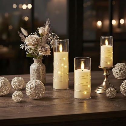 Raycare Flameless Candle with Remote Timer – 9 Flickering Acrylic Battery Operated LED Pillar Candles with Embedded Star String for Christmas, Home Decor, and as a Gift (Ivory)