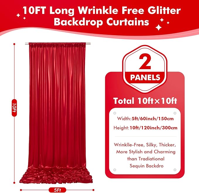 10x10ft Shimmer Red Sequin Backdrop Curtain for Parties, Thick Wrinkle Free Glitter Backdrop Drapes Photo Back Drop Curtains for Birthday Wedding Party Photography Background-2 Panels 5x10ft