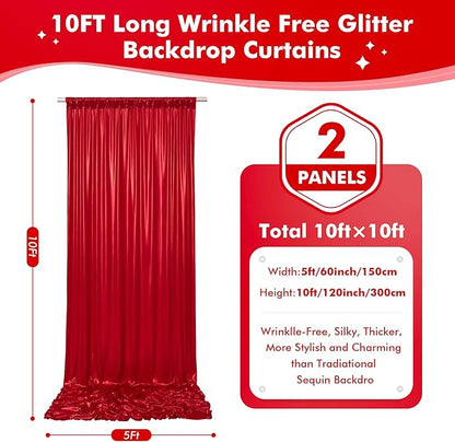 10x10ft Shimmer Red Sequin Backdrop Curtain for Parties, Thick Wrinkle Free Glitter Backdrop Drapes Photo Back Drop Curtains for Birthday Wedding Party Photography Background-2 Panels 5x10ft