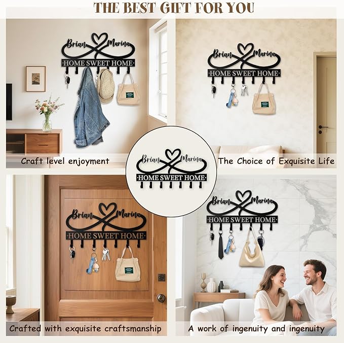 Personalized Key Holder for Wall - Custom Couple's Name with Love Symbol - Metal Key Holde Wall Mount Hooks for Bedroom Entryway, Couples Gifts, Home Sweet Home Decor (03-Love)