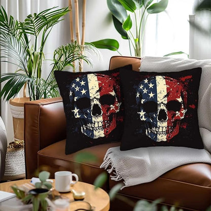 Patriotic Skull Throw Pillow Covers 18x18 Set of 2 | Decorative Cushion Cases for Couch, Sofa and Bedroom | Rustic Americana Home Decor for Living Room, Man Cave
