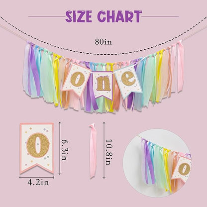 Rainbow High Chair Banner 1st Birthday - Sweet One Highchair Banner, Pastel Rainbow Ribbon Garland Decor for First Birthday Party, Smash Cake, Photo Props