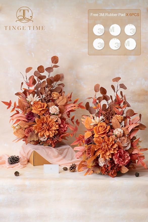 TINGE TIME Free-Standing Artificial Flower Set of 2, Table Centerpiece with Rubber Pad, Silk Fake Flower for Fall Wedding Centerpiece Archway Aisle Welcome Entrance (Maple Red)