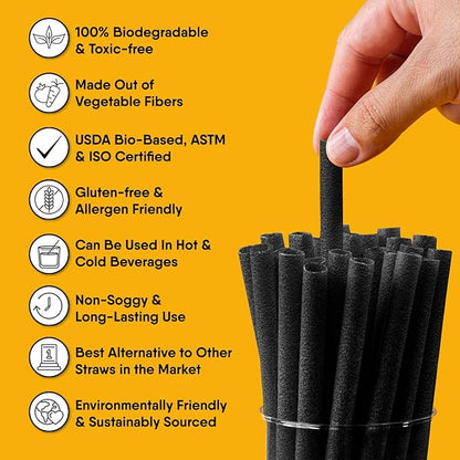 – 100 PCS of 8.25 Inches Unwrapped Biodegradable Black Straws – Made of Vegetable Fibers, Best Environment Friendly Drinking Straws for Hot and Cold Beverages