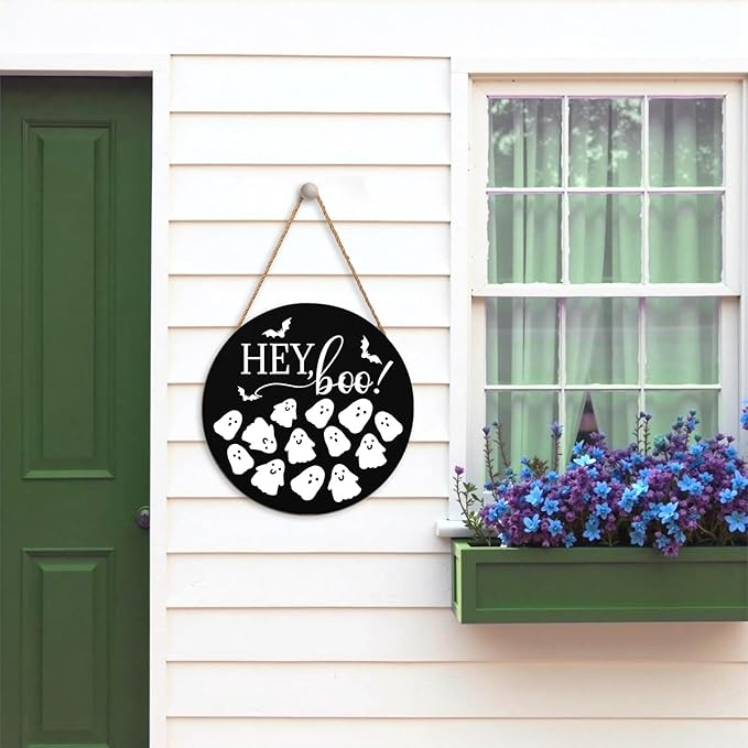 Hey Boo Sign 12x12 Inch Halloween Wreaths for Front Door Halloween Ghost Wood Door Hanger Black Boo Sign Farmhouse Holiday Decorations Wall Hanging Plaque for Trick or Treat Party Inside Outside