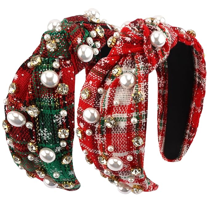 CUBACO 2 Pcs Christmas Headband for Women White Pearl Rhinestone Crystal Jeweled Embellished Hairband Wide Top Knot Headpieces Christmas Holiday Party Decoration Accessories(Red Green Plaid Headband)
