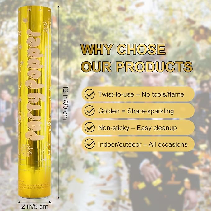 12 Inch Gold Confetti Poppers | 5 Pack Confetti Cannons for Weddings, New Years, Graduation, Anniversary and Any Celebration