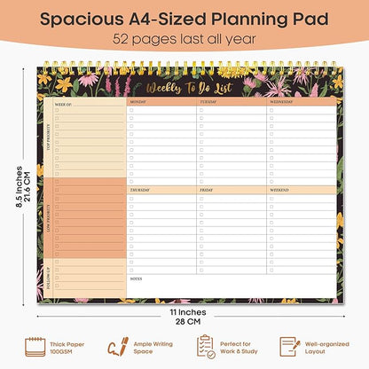 Taja Weekly To Do List Notepad with 52 Undated Sheets（8.5"×11"）- Weekly Desk Planner for Women & Man, Work and Home - 1 Pack Amber Garden