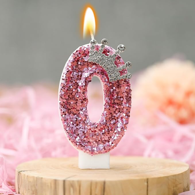Birthday Number Candles,Pink Crown Birthday Candles for Cake,Glitter Number 0 Candle Cake Topper with Sequins for Girls,Women, Anniversary Celebrations Supplies (Pink 0)