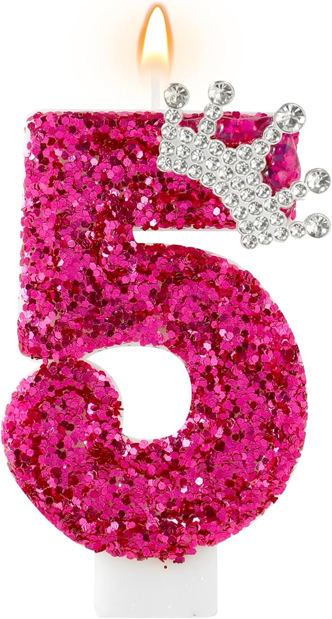 Hot Pink Birthday Candles Crown Number 5 Candle 5th Birthday Party Decorations Cake Topper Cupcake Decor for Anniversary Celebrations Supplies