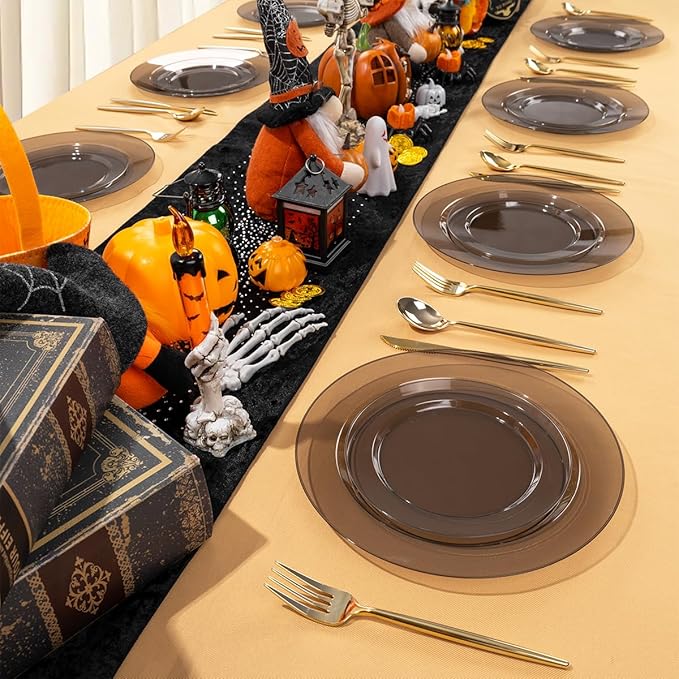 I00000 102 Pcs Clear Black Plastic Plates, Black Disposable Party Halloween Plates Include 51 Dinner Plate 10’’ and 51 Dessert Plate 7’’ Perfect for Wedding, Party & Halloween