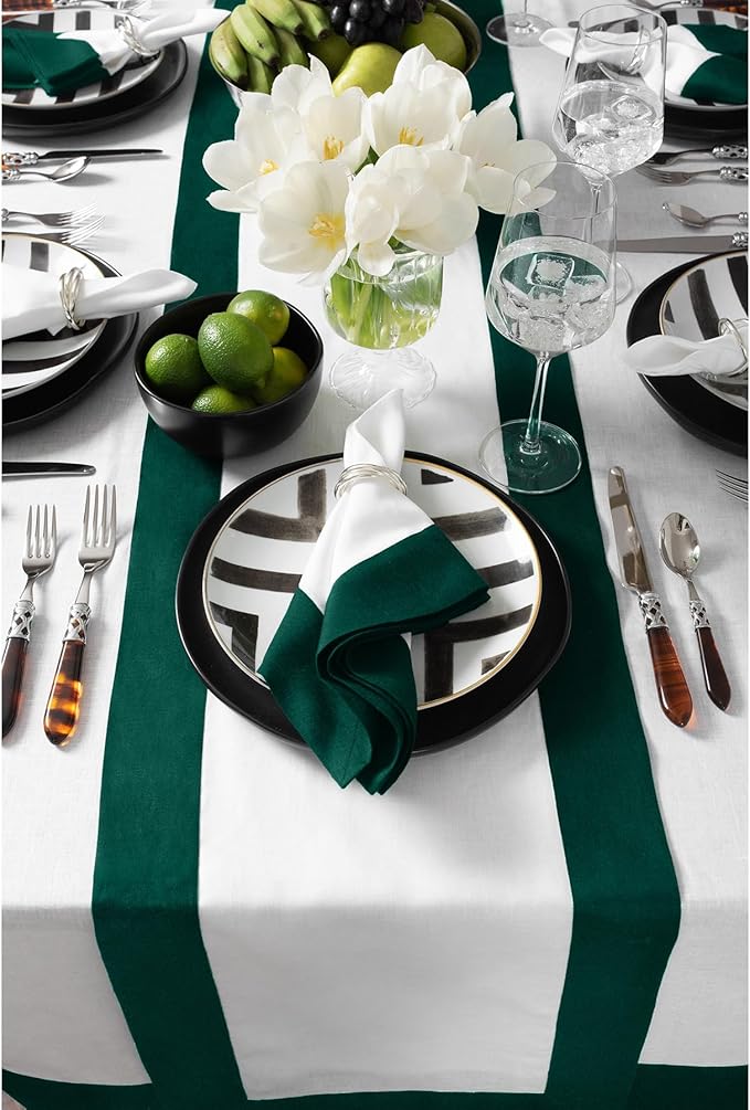 Solino Home Linen Table Runner 48 Inches - 100% Pure Linen Rainforest and White Small Table Runner 14 x 48 Inch Ideal for Dresser and Coffee Tables - Contempo - Christmas, Winter, New Year