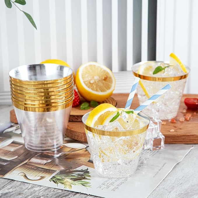 Ciaell 200PCS Gold Plastic Cups - 9Oz Heavy Duty Disposable Clear Plastic Cups with Gold Rim for Wine, Cocktail, Party & Wedding & Thanksgiving