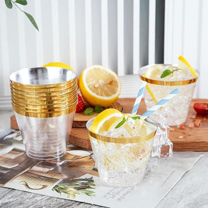 Ciaell 200PCS Gold Plastic Cups - 9Oz Heavy Duty Disposable Clear Plastic Cups with Gold Rim for Wine, Cocktail, Party & Wedding & Thanksgiving