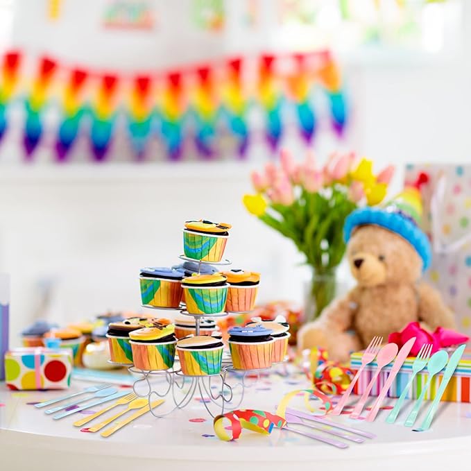 150 Pcs Pastel Plastic Silverware Heavy Duty Iridescent Utensils Plastic Pastel Silverware Disposable Includes 50 Forks 50 Knives 50 Spoons for Easter, Birthday, Baby Shower, Garden Party, Wedding