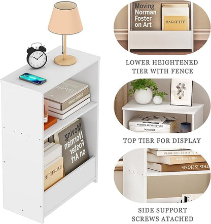 3-Tier Narrow End Table, Small Stand Shelf Narrow White Side Table with Storage Shelf, Small Bookshelf Bedside Table for Bedroom, Living Room, Office, Bathroom